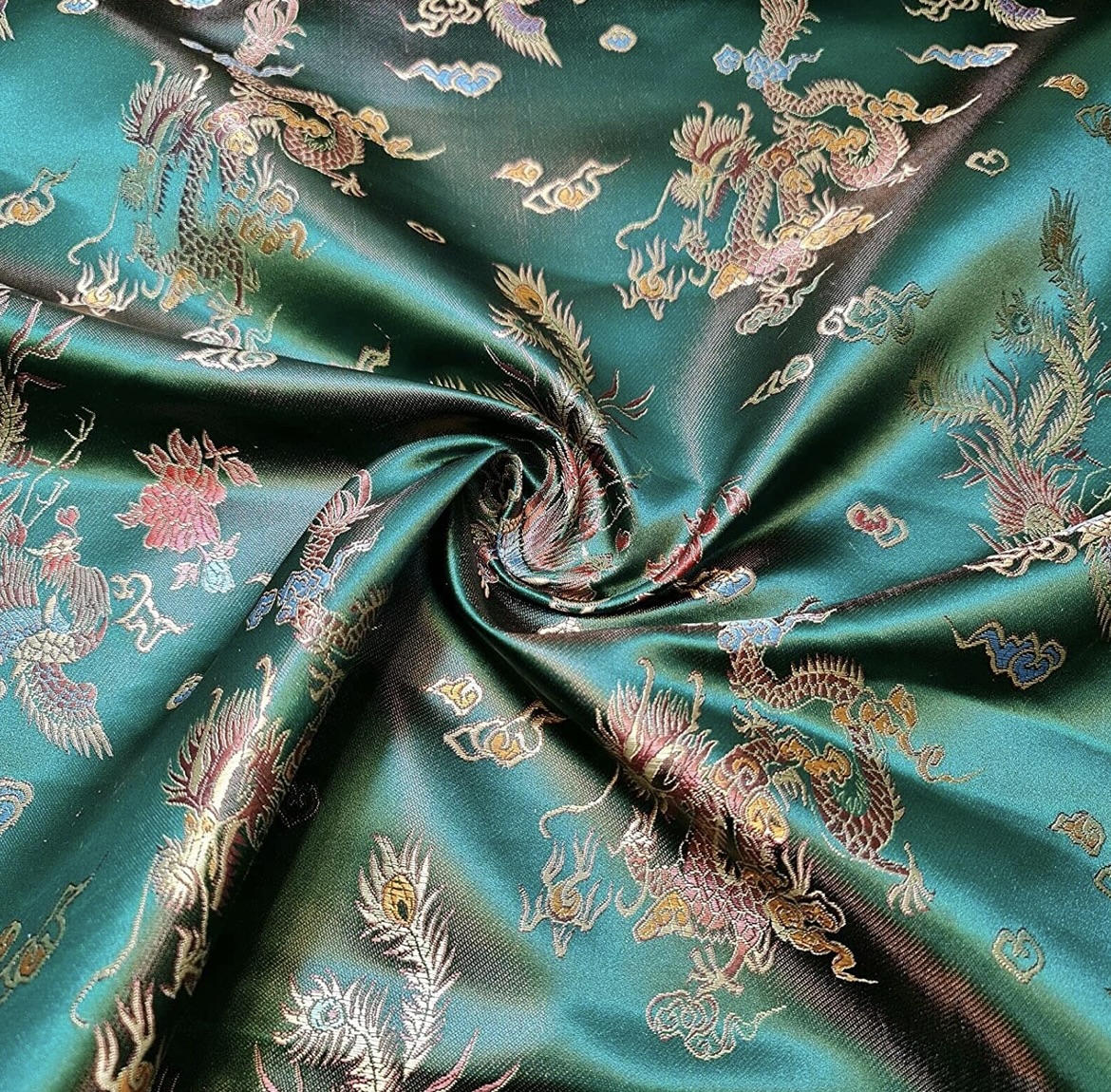 Bottle Green Oriental Dragon Silk Satin Fabric Bottle Green Oriental Dragon Satin Material