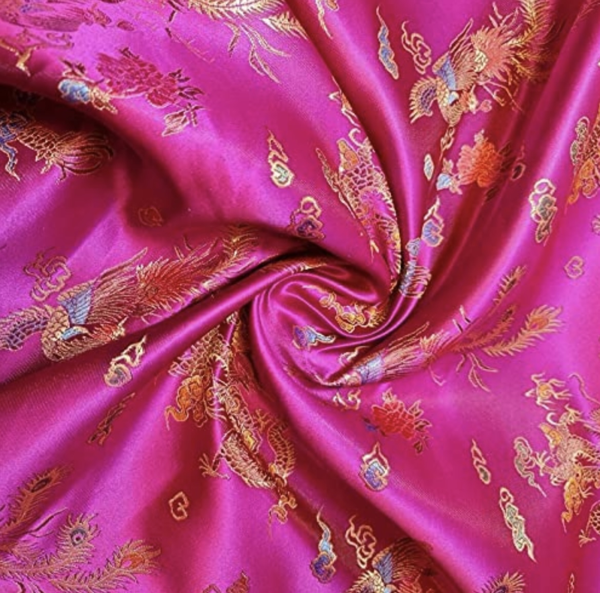 Hot Pink Oriental Dragon Silk Satin Fabric Hot Pink Oriental Dragon satin Material
