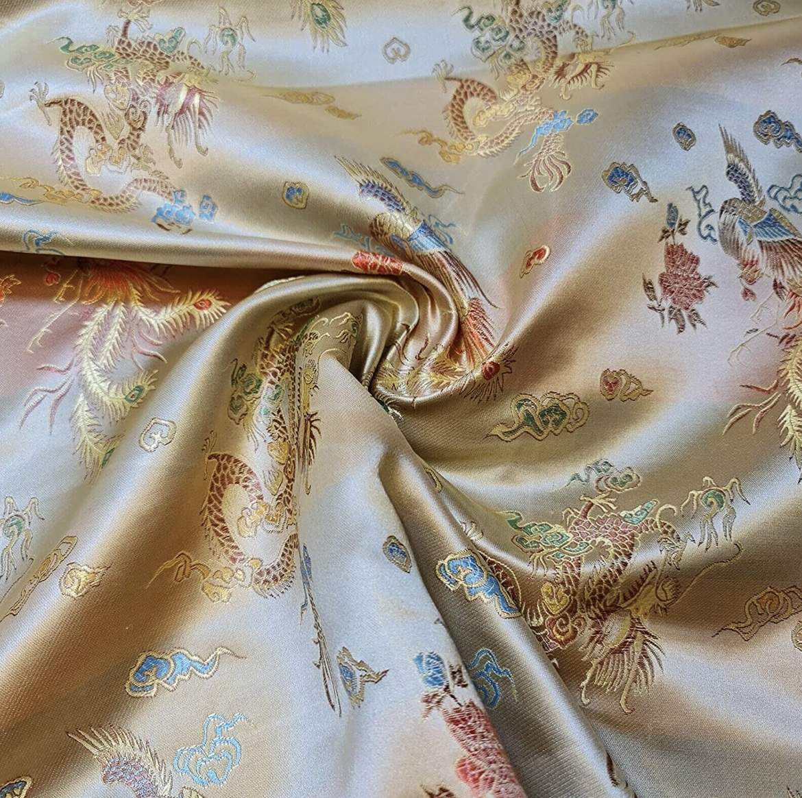 Gold Oriental Dragon Silk Satin Fabric Gold Oriental Dragon Silk Satin Material
